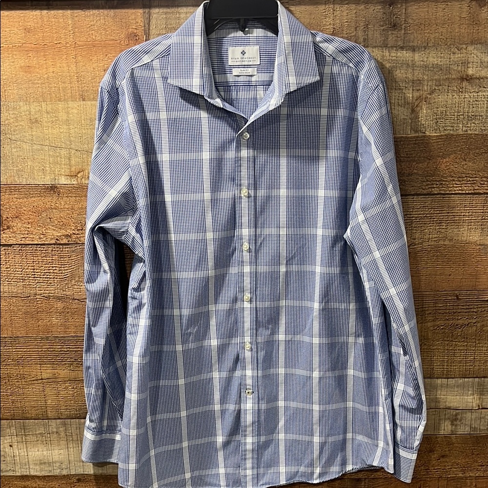 Ryan Seacrest Distinction Men's Blue Checkered Shirt slim fit 16 1/2 34/35
